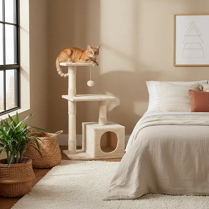 belviona Kratzbaum - 30 x 50 x 85 cm, Textil, beige - Ein beiger Plüsch-Katzenbaum mit mehreren Ebenen und Kratzstämmen; eine orangefarbene Katze ruht auf der obersten Ebene im Schlafzimmer.
