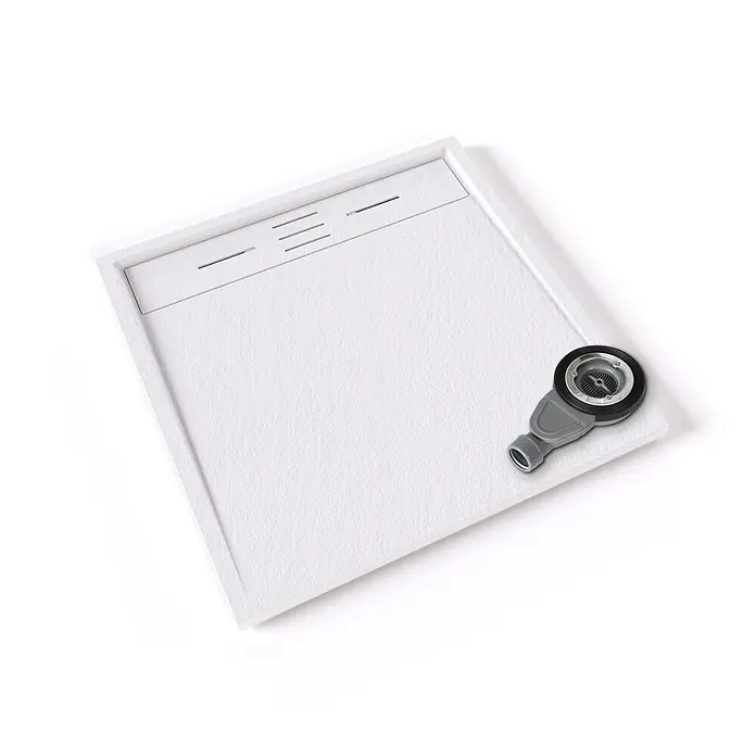 i-flair Duschwanne Hiemal 100x100 cm - Verbundwerkstoff, Weiß - Weißes strukturiertes Duschbecken mit integriertem grau-schwarzem Abflusssystem.