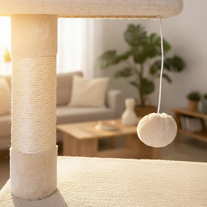 belviona Kratzbaum - 30 x 50 x 85 cm, Textil, beige - Beigefarbener Kratzbaum mit Sisal-Säule und Plüsch-Plattform, mit einem baumelnden flauschigen Spielzeug, im Wohnzimmer.