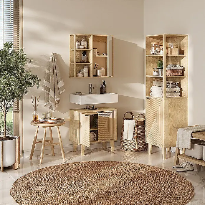 Vicco Badmöbel-Set - Eiche, Sonstiges - Badezimmermöbel-Set aus hellem Holz, bestehend aus Waschtischunterschrank, Wandschrank und hohem Regal, mit geometrischen Details.