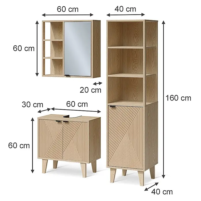 Vicco Badmöbel-Set - Eiche, Sonstiges - Helles Badmöbelset aus Holz mit diagonalen Texturdetails: ein Spiegelschrank, ein Waschtischunterschrank und ein hoher Hochschrank.
