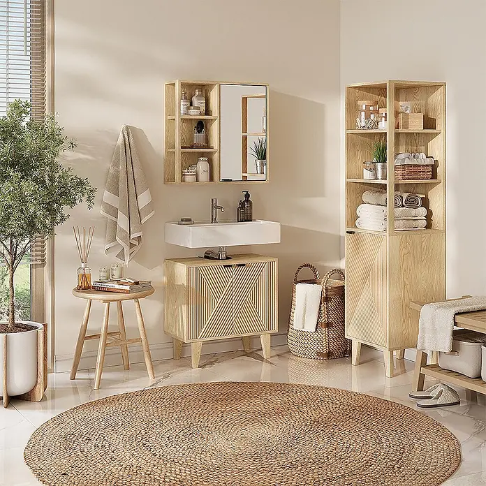 Vicco Badmöbel-Set - Eiche, Sonstiges - Badmöbel-Set aus hellem Holz: Wandschrank mit Spiegel, Waschtischunterschrank, hoher Schrank.