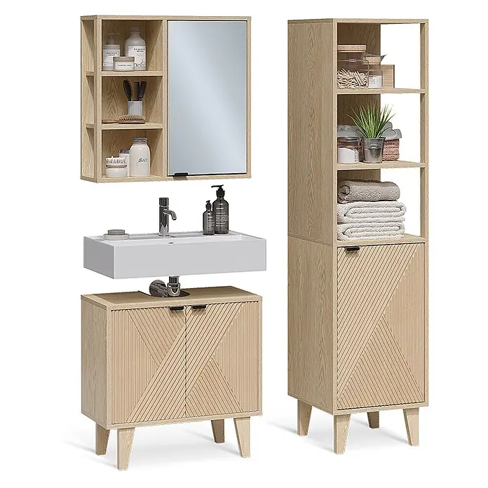 Vicco Badmöbel-Set - Eiche, Sonstiges - Badezimmerset aus hellem Holz: Spiegelschrank, Waschtischunterschrank mit Waschbecken und hoher Schrank, alle mit diagonalen Rillenmustern.