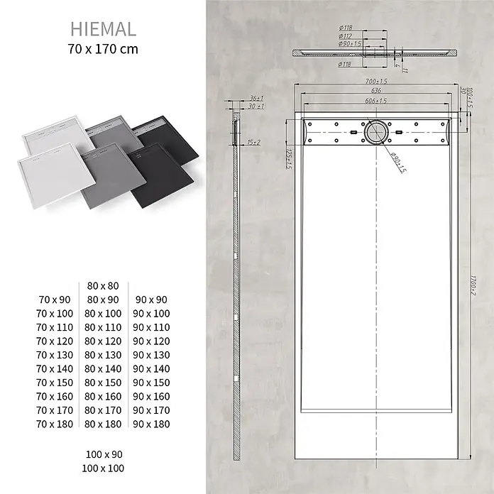 i-flair Duschwanne Hiemal 170x70 cm - L x B: 170 x 70 cm, Verbundwerkstoff, Grau - Duschwanne in verschiedenen Grautönen, mit technischer Zeichnung zu Maßen und Ablauflösung.