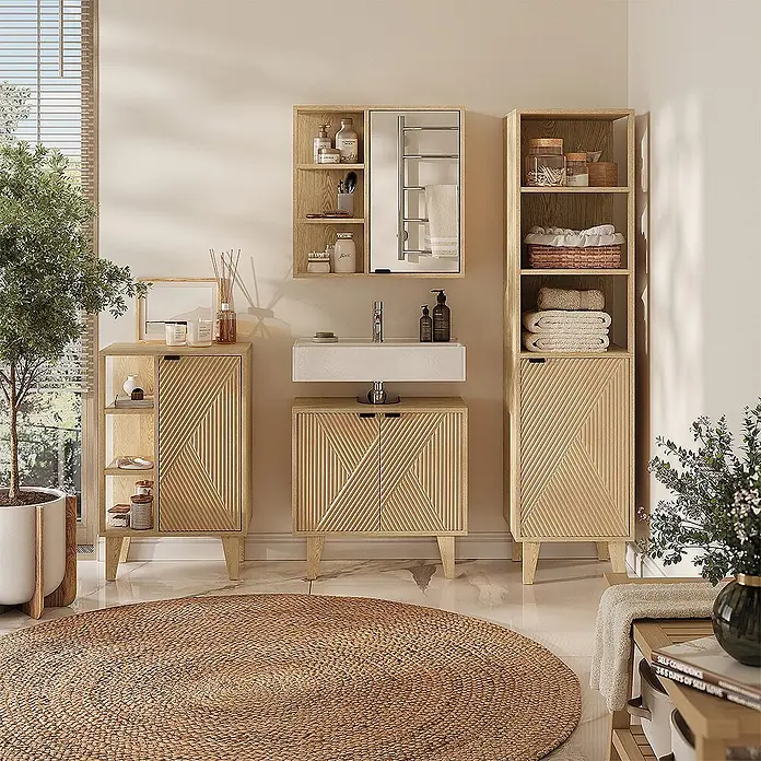 Vicco Badmöbel-Set - Eiche, Sonstiges - Badmöbel-Set aus hellem Holz mit Waschtisch, Spiegelschrank und Schränken, alle mit diagonalem Rippenmuster.