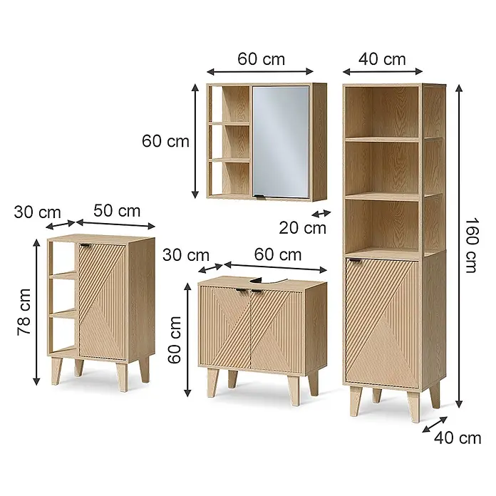 Vicco Badmöbel-Set - Eiche, Sonstiges - Helles Badezimmermöbelset aus Holz mit Lamellentüren und offenen Regalen, inklusive Hochschrank, Unterschrank und Wandschrank.