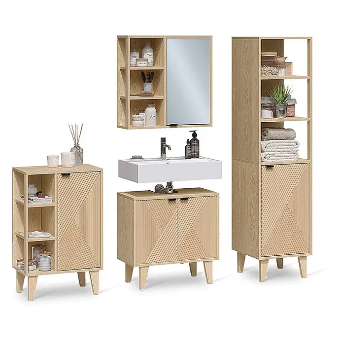 Vicco Badmöbel-Set - Eiche, Sonstiges - Badezimmermöbel-Set aus hellem Holz mit Schränken, offenen Regalen, Spiegelschrank und Waschtischunterschrank.