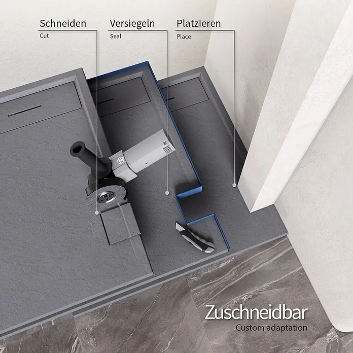 i-flair Duschwanne Hiemal 80x80 cm - L x B: 80 x 80 cm, Verbundwerkstoff, Grau - Graue, strukturierte Duschwanne wird mit Winkelschleifer zugeschnitten und mit blauem Band abgedichtet zur individuellen Anpassung.
