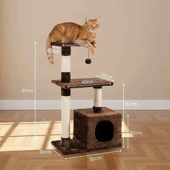 belviona Kratzbaum - 30 x 50 x 85 cm, Textil, braun - Brauner, mehrstöckiger Kratzbaum mit Katze auf der obersten Plattform. Maße: 85 cm hoch, 50 cm breite Basis.