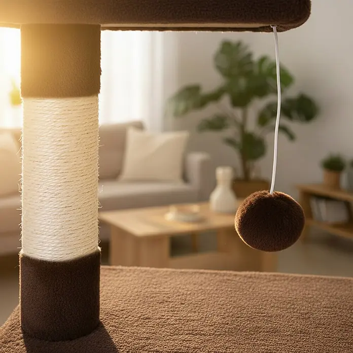 belviona Kratzbaum - 30 x 50 x 85 cm, Textil, braun - Brauner Plüsch-Katzenbaum mit Sisal-Kratzstamm und baumelndem braunem Spielball in einem Wohnzimmer.