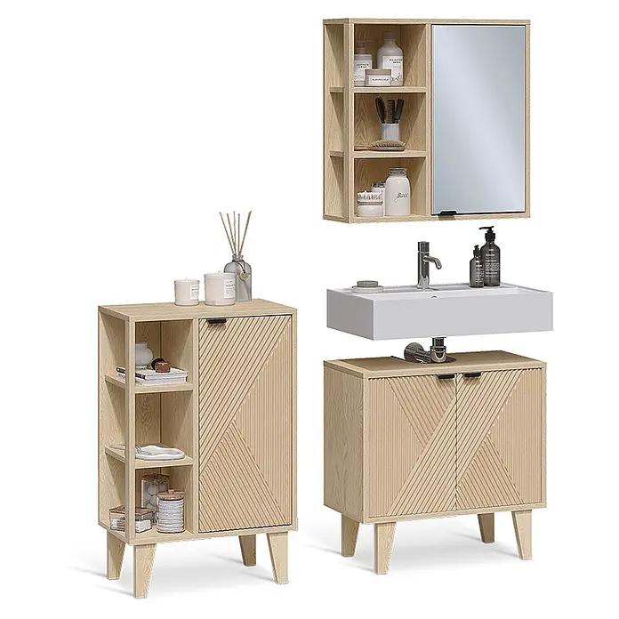 Vicco Badmöbel-Set - Eiche, Sonstiges - Badezimmermöbel-Set aus hellem Holz mit Schränken, offenen Regalen, Spiegeltür und Waschtisch, mit strukturierten Diagonalpaneelen.