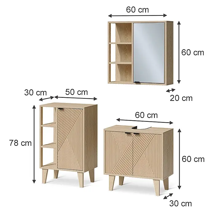 Vicco Badmöbel-Set - Eiche, Sonstiges - Badezimmermöbel-Set aus hellem Holz: Spiegelschrank, Hochschrank und Waschtischunterschrank mit gerippten Türen und Maßen.
