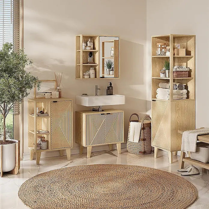 Vicco Badmöbel-Set - Eiche, Sonstiges - Helles Badezimmermöbel-Set aus Holz mit geometrischen Lamellentüren, inklusive Waschtisch, Hochschrank und Spiegelschrank zur Aufbewahrung.