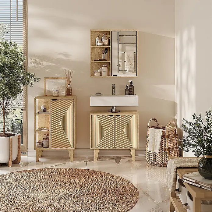Vicco Badmöbel-Set - Eiche, Sonstiges - Helle Holz-Badezimmermöbel mit Lamellentüren, Waschtisch und Schränken in modernem Ambiente.