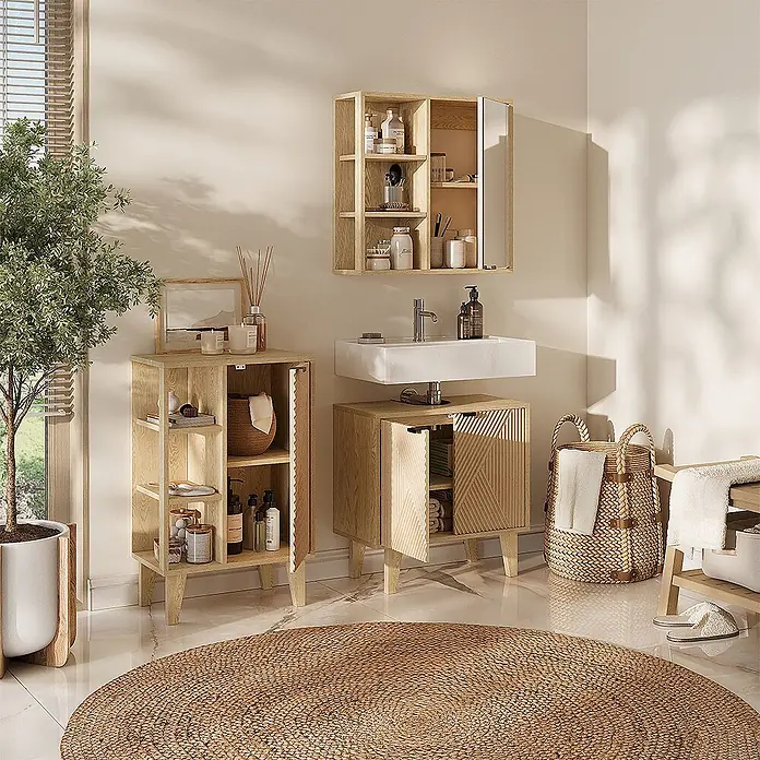 Vicco Badmöbel-Set - Eiche, Sonstiges - Badezimmermöbel-Set aus hellem Holz, bestehend aus Wandschrank, Waschtisch mit Waschbecken und Aufbewahrungsschränken.