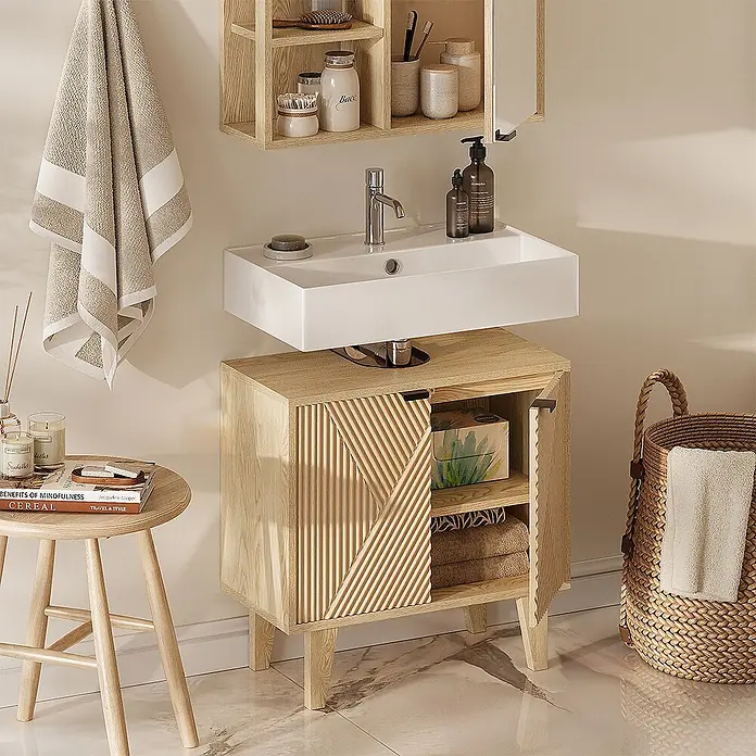 Vicco Badmöbel-Set - Eiche, Sonstiges - Moderner Waschtisch aus hellem Holz mit weißem rechteckigem Waschbecken und strukturierten Schranktüren.