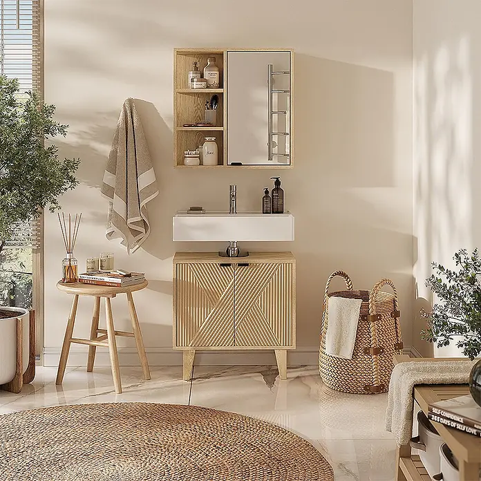 Vicco Badmöbel-Set - Eiche, Sonstiges - Helles Holz-Badmöbel mit weißem Waschbecken und Spiegelschrank in einem modernen Bad.