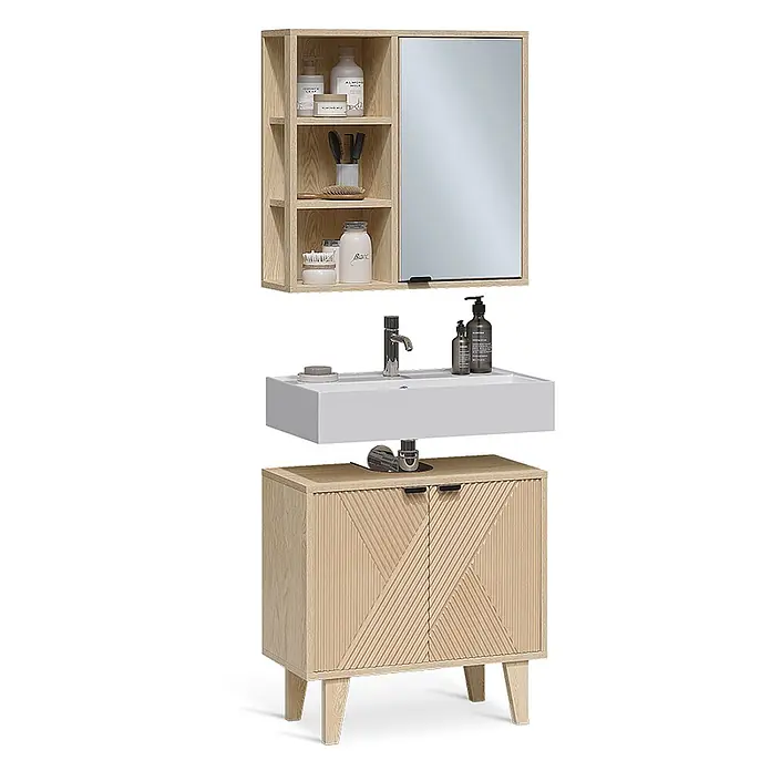 Vicco Badmöbel-Set - Eiche, Sonstiges - Badezimmermöbelset aus hellem Holz mit Spiegelschrank und offenen Regalen, weißem Waschbecken und geripptem Unterschrank auf Holzbeinen.