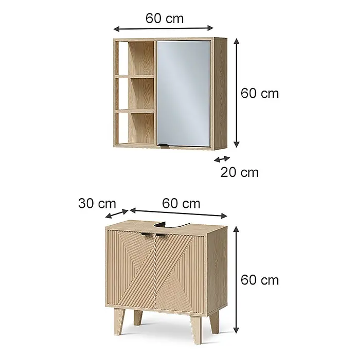 Vicco Badmöbel-Set - Eiche, Sonstiges - Badmöbel-Set aus hellem Holz: ein Wandspiegelschrank mit offenen Fächern und ein Waschtischunterschrank mit strukturierten Türen.