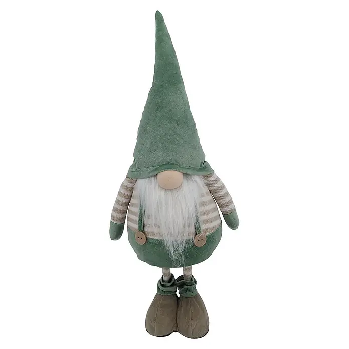 Dekofigur Wichtel - L x B x H: 24 x 15 x 63 cm, Polyester - Grüner Zwerg mit spitzer Mütze, weißem Bart, gestreiften Armen und braunen Stiefeln.