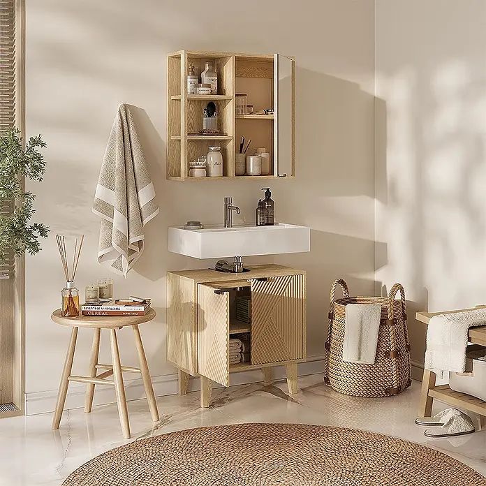 Vicco Badmöbel-Set - Eiche, Sonstiges - Ein Badmöbel-Set aus hellem Holz: ein Wandschrank mit Spiegel, ein strukturierter Waschtischunterschrank und ein runder Hocker ergänzen ein modernes Waschbecken.