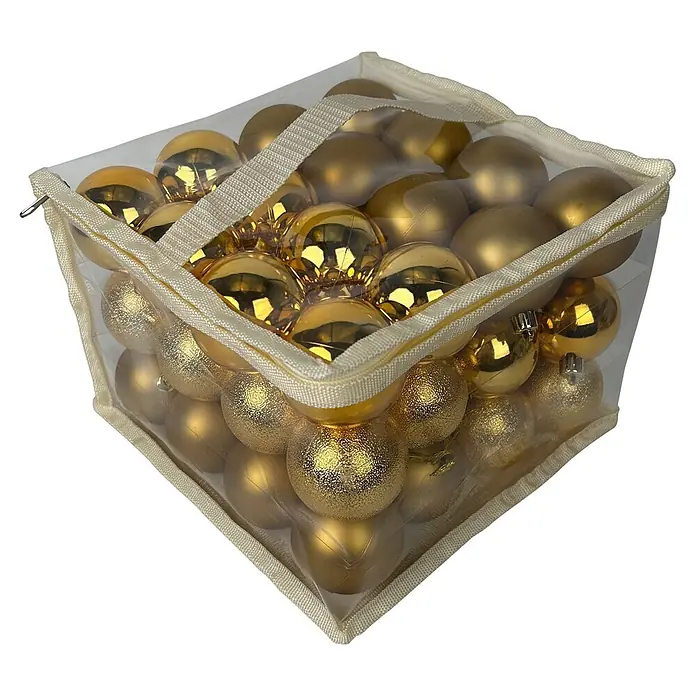 Christbaumkugel-Set - Gold, Kunststoff, 48 Stk., Durchmesser: 6 cm - Goldene Weihnachtsbaumkugeln in einer transparenten Aufbewahrungsbox mit beigem Stoffreißverschluss und Griff.