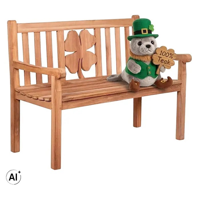 Gartenbank Kleeblatt Teak 120cm -  - Teak-Gartenbank mit Kleeblatt-Schnitzerei und einem Plüschrobben, der ein „100 % Teak“-Schild hält.
