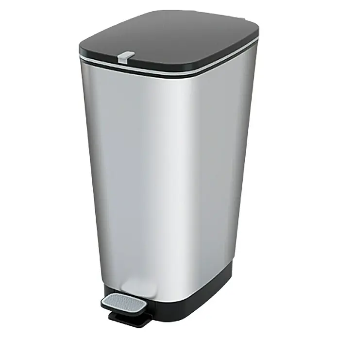 KIS Treteimer Chic - 45 l, Kunststoff, Schwarz/Silber - Ein schlanker, silberfarbener Tretabfalleimer mit schwarzem Deckel und Fußpedal, ideal für moderne Badezimmer und Küchen.