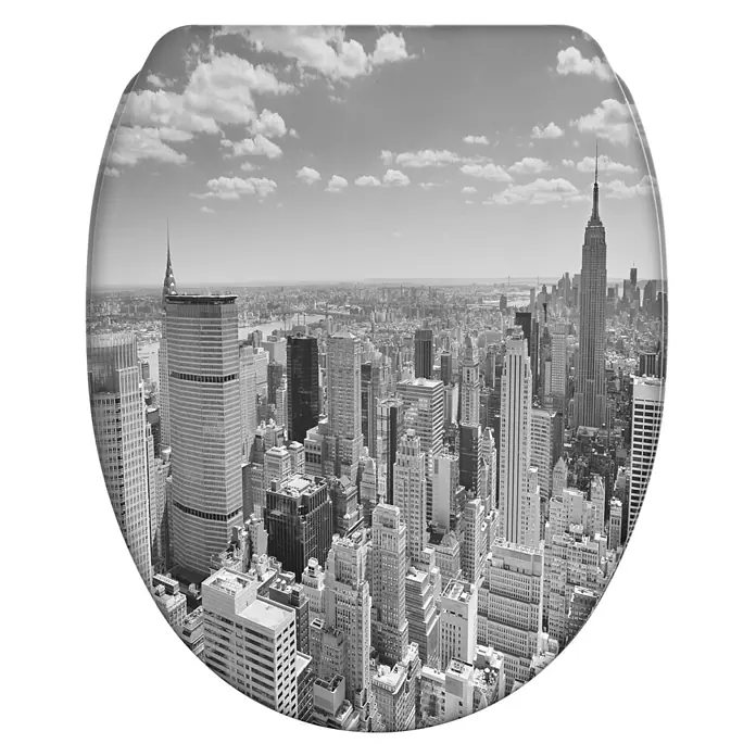 SANILO WC-Sitz Skyline New York mit Schnellverschluss - MDF, Grau, Mit Absenkautomatik - Toilettensitz mit Schwarz-Weiß-Druck der New Yorker Skyline.