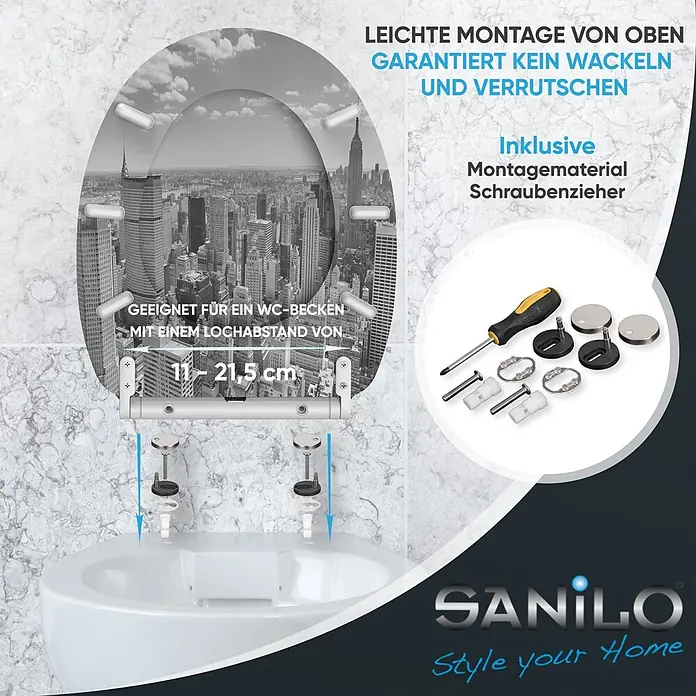 SANILO WC-Sitz Skyline New York mit Schnellverschluss - MDF, Grau, Mit Absenkautomatik - WC-Sitz mit Top-Mount-Scharnieren, geeignet für 11-21,5 cm Lochabstand, gezeigt mit Montageset inklusive Schraubenzieher und Zubehör.