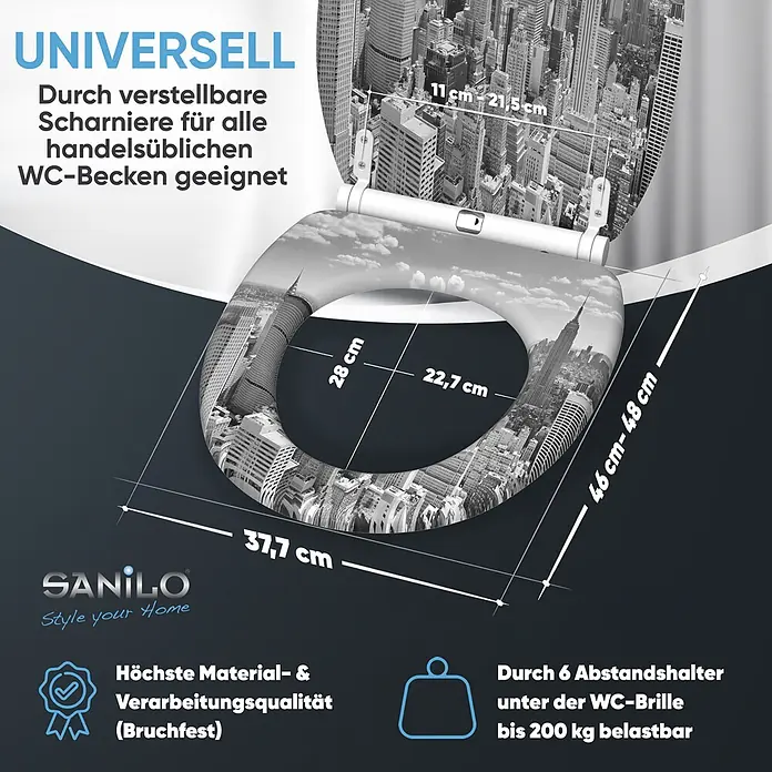SANILO WC-Sitz Skyline New York mit Schnellverschluss - MDF, Grau, Mit Absenkautomatik - Toilettensitz mit schwarz-weißem Stadtmotiv, verstellbaren Scharnieren, Maßen und Merkmalen wie Universalpassung und 200kg Tragkraft.
