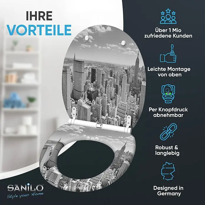 SANILO WC-Sitz Skyline New York mit Schnellverschluss - MDF, Grau, Mit Absenkautomatik - Weißer WC-Sitz mit Schwarz-Weiß-Aufdruck der New Yorker Skyline auf Deckel und Brille, mit sichtbaren Scharnieren.