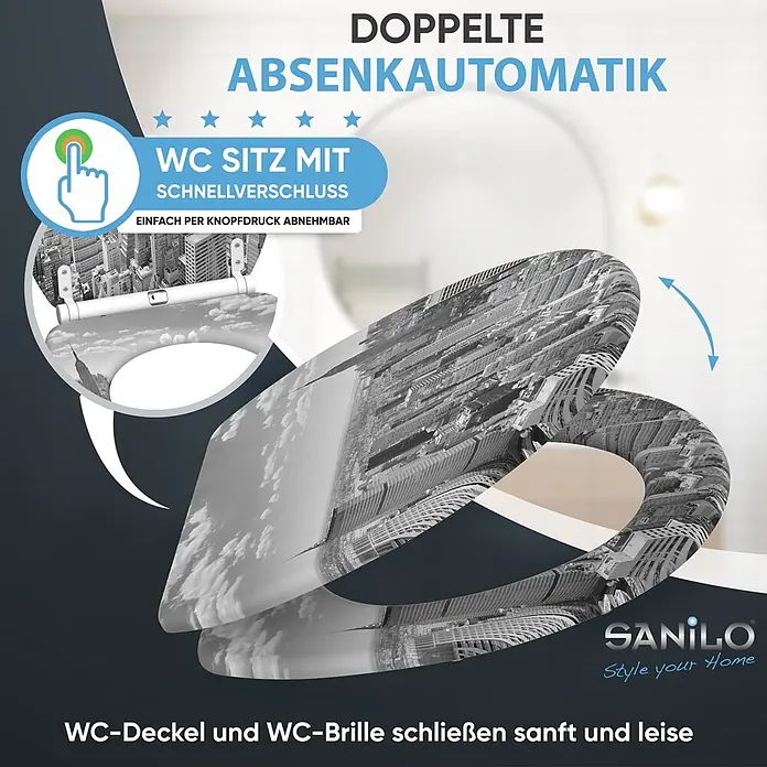 SANILO WC-Sitz Skyline New York mit Schnellverschluss - MDF, Grau, Mit Absenkautomatik - WC-Sitz mit schwarz-weißem Stadtlandschaftsdruck, mit Absenkautomatik und Schnellverschluss.