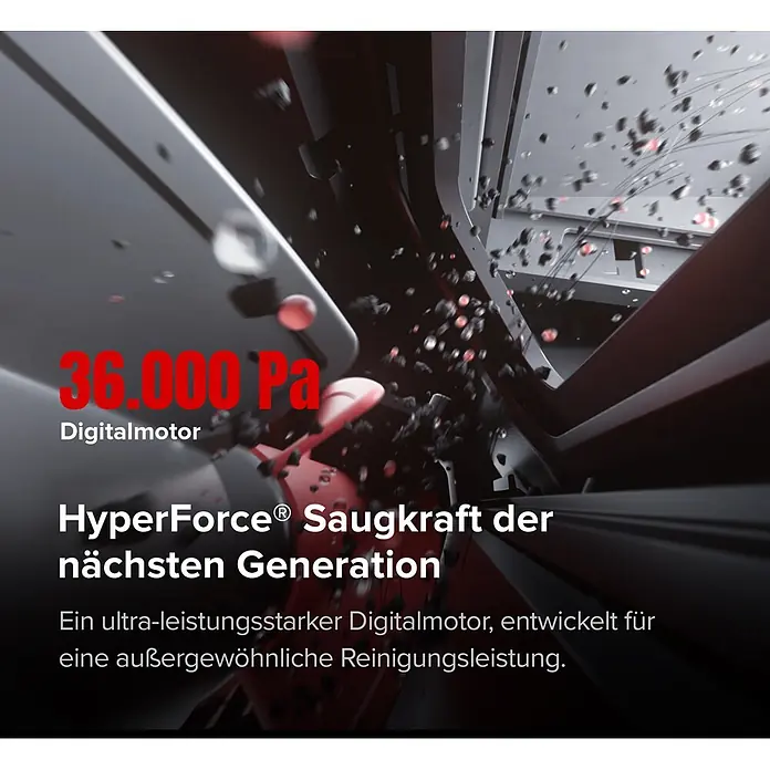 Roborock Saugwischroboter Saros 20X - Saugkraft: 36.000 Pa, Akkulaufzeit: 200 min, Fassungsvermögen Roboter: 259 ml - Dynamische Grafik eines leistungsstarken 36.000 Pa HyperForce Digitalmotors mit grauen/schwarzen Komponenten und roten Partikeln, symbolisiert Saugleistung.