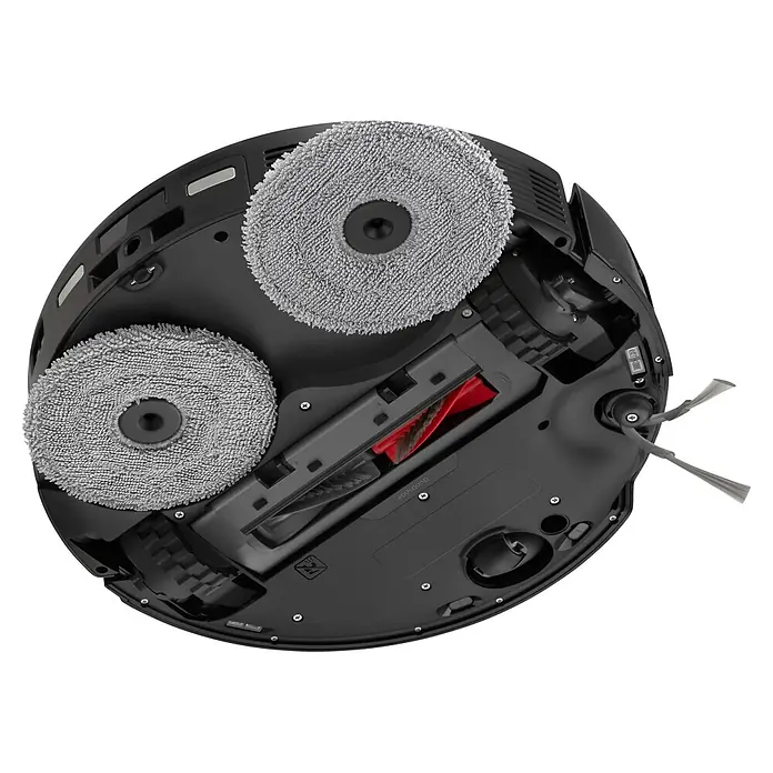 Roborock Saugwischroboter Saros 20X - Saugkraft: 36.000 Pa, Akkulaufzeit: 200 min, Fassungsvermögen Roboter: 259 ml - Unterseite eines schwarzen Saugroboters mit zwei grauen Wischpads, einer roten Hauptbürste und grauen Seitenbürsten.