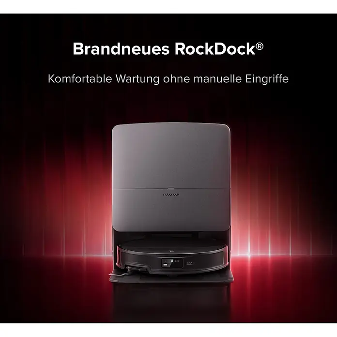 Roborock Saugwischroboter Saros 20X - Saugkraft: 36.000 Pa, Akkulaufzeit: 200 min, Fassungsvermögen Roboter: 259 ml - Neues dunkelgraues Roborock RockDock® mit Saugroboter, ermöglicht komfortable, manuelle Eingriffe verzichtende Wartung, vor rotem Hintergrund.