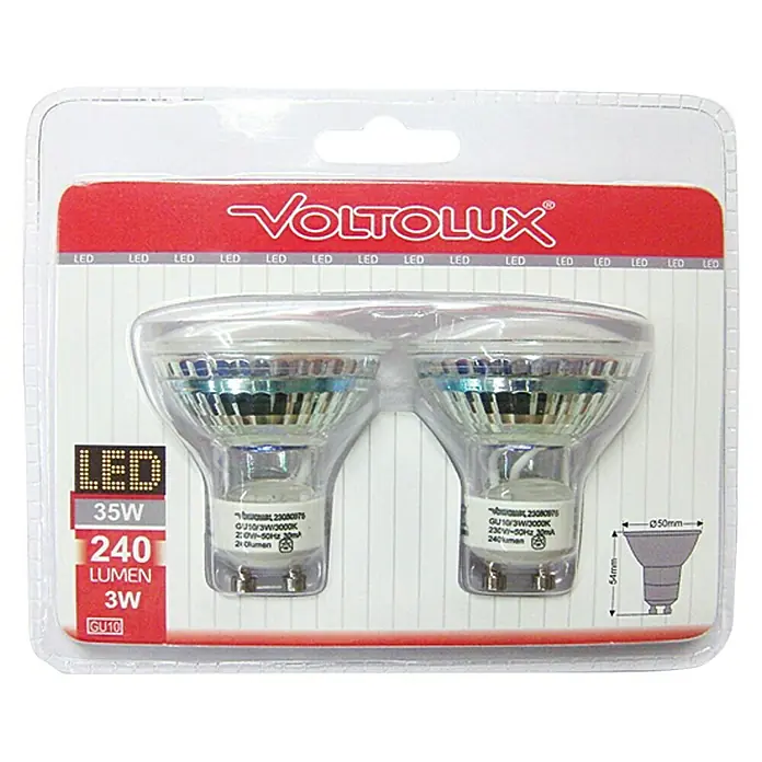 Voltolux Bombilla LED - GU10, No regulable, Blanco cálido, 240 lm, 3 W, 2 ud. - Pack de dos bombillas LED VOLTOLUX, 3W, 240 lúmenes, casquillo GU10, ideales para iluminación eficiente.