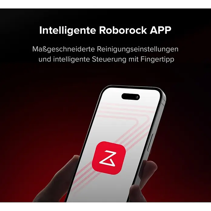 Roborock Saugwischroboter Saros 20X - Saugkraft: 36.000 Pa, Akkulaufzeit: 200 min, Fassungsvermögen Roboter: 259 ml - Hand hält Smartphone mit Roborock App. Bildschirm zeigt rotes App-Symbol und Text zu individuellen Reinigungs- und intelligenten Steuerungsfunktionen.