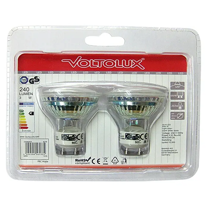 Voltolux Bombilla LED - GU10, No regulable, Blanco cálido, 240 lm, 3 W, 2 ud. - Primer plano de una bombilla LED GU10 Voltollux (paquete de 2) con 240 lúmenes y 3 vatios, luz blanca cálida, envasada en plástico transparente.