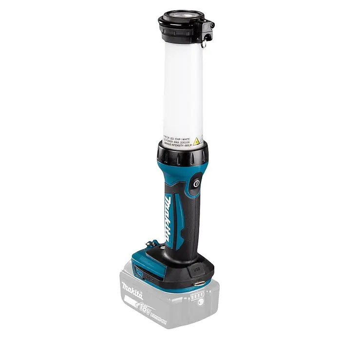 Makita LED-Arbeitsleuchte LXT - DML807 - L x B x H: 36,1 x 7,9 x 12,1 cm, 130 lm - 710 lm, Akkubetrieben - Makita Akku-Arbeitsleuchte in Türkis und Schwarz, angetrieben von einem 18V Lithium-Ionen-Akku, mit heller LED und USB-Ladeanschluss.