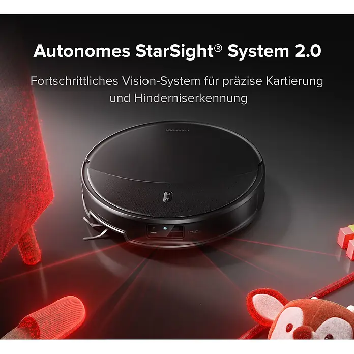 Roborock Saugwischroboter Saros 20X - Saugkraft: 36.000 Pa, Akkulaufzeit: 200 min, Fassungsvermögen Roboter: 259 ml - Schwarzer Saugroboter demonstriert sein Vision-System mit roten Laserlinien zur präzisen Kartierung und Hinderniserkennung.