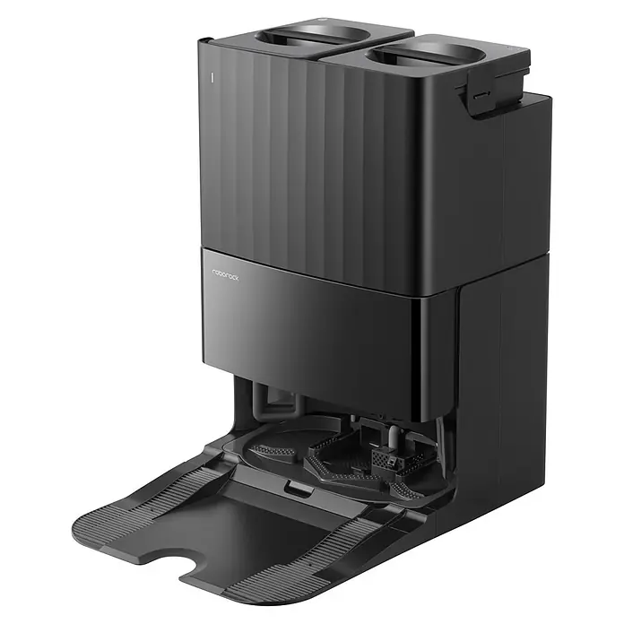 Roborock Saugwischroboter Qrevo S ProX - Saugkraft: 18.500 Pa, Akkulaufzeit: 180 min, Fassungsvermögen Roboter: 330 ml, Schwarz - Schwarze Roboterstaubsauger-Entleer- und Ladestation mit geripptem Oberteil und strukturierter Basis.