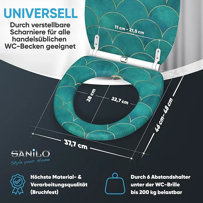 SANILO WC-Sitz Aquarell mit Schnellverschluss - MDF, Blau, Mit Absenkautomatik - Toilettensitz mit grün-goldenem Muster und verstellbaren Scharnieren, zeigt Abmessungen, universelle Passform und Belastbarkeit bis 200 kg.