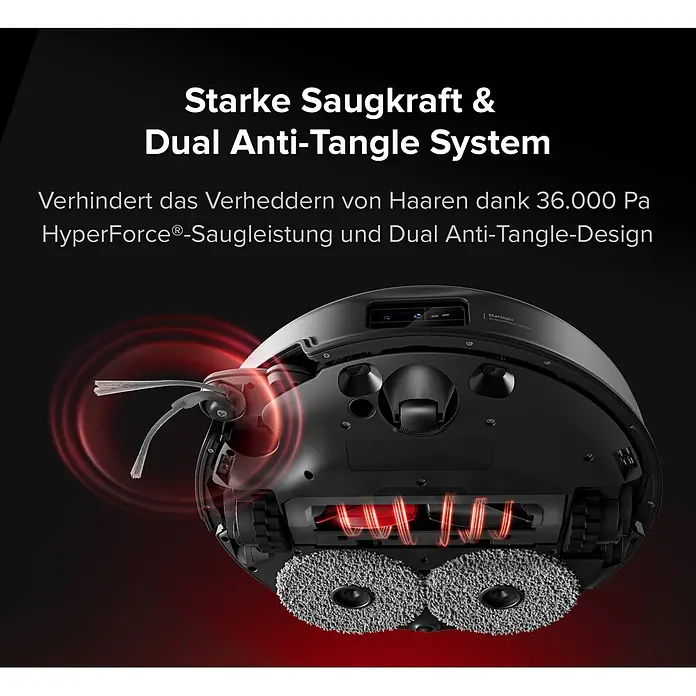 Roborock Saugwischroboter Saros 20X - Saugkraft: 36.000 Pa, Akkulaufzeit: 200 min, Fassungsvermögen Roboter: 259 ml - Unterseite eines schwarzen Saugroboters mit Seitenbürste, Hauptbürste und zwei Wischpads. Verfügt über starke Saugkraft und Anti-Verheddern-Design.