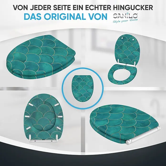 SANILO WC-Sitz Aquarell mit Schnellverschluss - MDF, Blau, Mit Absenkautomatik - Türkiser Toilettensitz mit goldenem Meerjungfrauenmuster, aus verschiedenen Winkeln gezeigt.