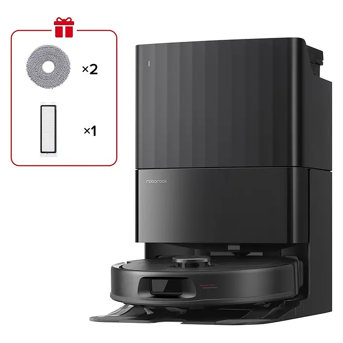 Roborock Saugwischroboter Qrevo S ProX - Saugkraft: 18.500 Pa, Akkulaufzeit: 180 min, Fassungsvermögen Roboter: 330 ml, Schwarz - Schwarzer Roborock Saugroboter mit Ladestation, plus 2 graue Mopp-Pads und 1 weißer Filter.