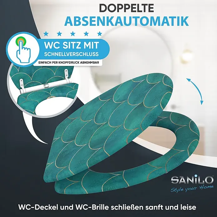 SANILO WC-Sitz Aquarell mit Schnellverschluss - MDF, Blau, Mit Absenkautomatik - Tealgrüner WC-Sitz mit goldenem Schuppenmuster, Doppelsenkautomatik und Schnellverschluss für leichte Abnahme.