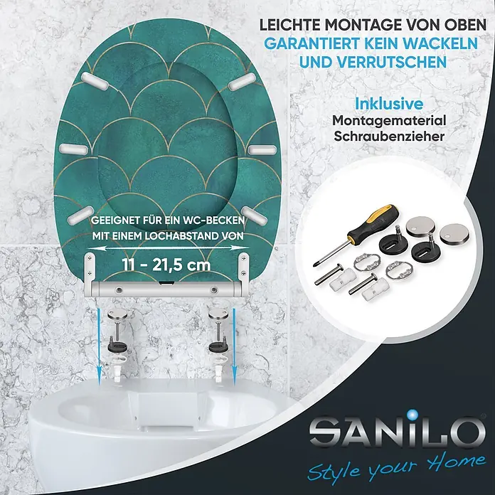 SANILO WC-Sitz Aquarell mit Schnellverschluss - MDF, Blau, Mit Absenkautomatik - Türkiser Toilettensitz mit Schuppenmuster, einstellbaren Top-Mount-Scharnieren & Montagematerial.