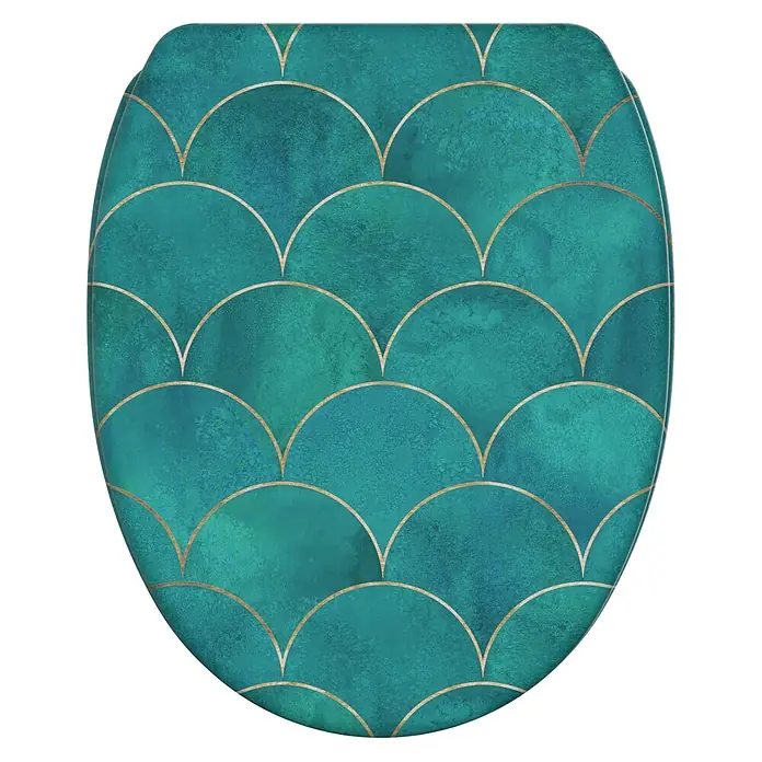 SANILO WC-Sitz Aquarell mit Schnellverschluss - MDF, Blau, Mit Absenkautomatik - Toilettensitz mit blaugrünem Meerjungfrauen-Schuppenmuster und goldenen Umrissen.