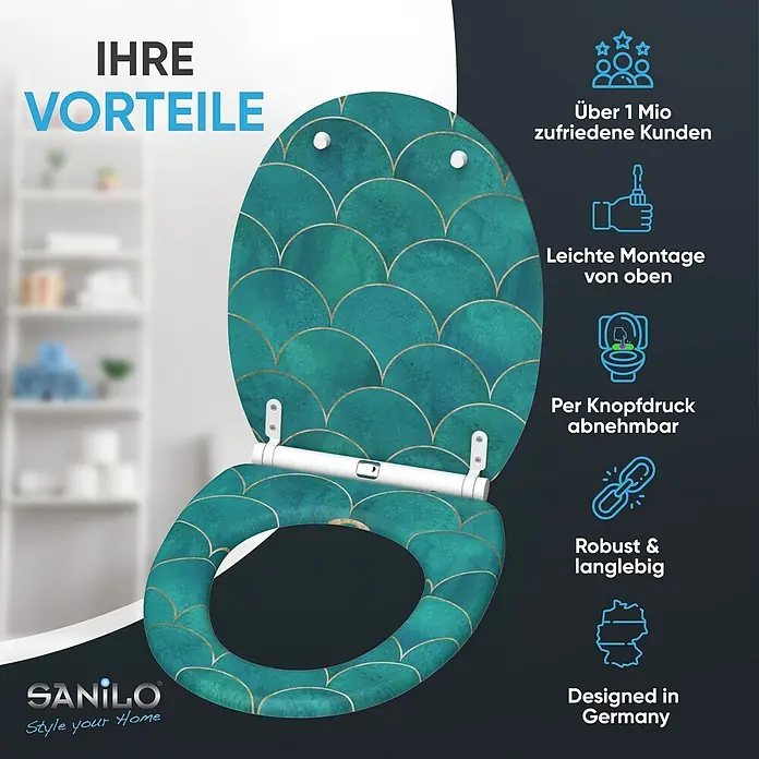 SANILO WC-Sitz Aquarell mit Schnellverschluss - MDF, Blau, Mit Absenkautomatik - Grüner Toilettensitz mit Schuppenmuster und goldenen Umrandungen, zur einfachen Top-Montage und Schnellabnahme.